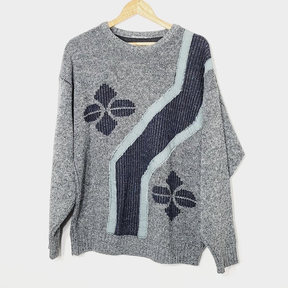Vintage Oversized Knit Pullover Sweater Retro Style Crew Neck Abstract Pattern